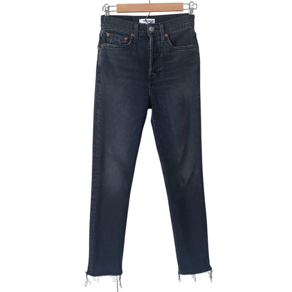 Re/Done | Stove Pipe Skinny Raw Hem Jeans Button Fly Faded Black Size 24